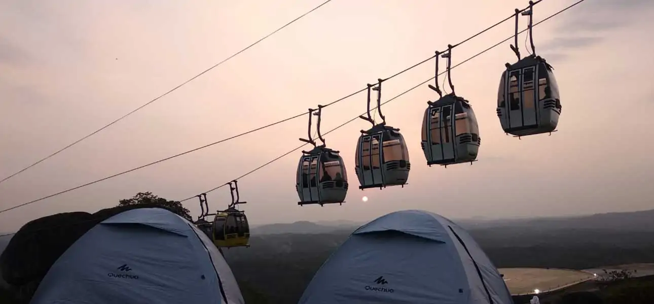 Cable car mountain ride aerial view scenery